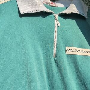 VTG Teal Zip-Up Blouse sweatshirt Vibes Embellished Collar Sparkly Grandma Feel